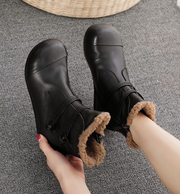 Winter New Style Genuine Leather Women's Boots, Top-grain Cowhide With Fleece Lining,Flat-bottomed Short Boots, Cotton Shoes