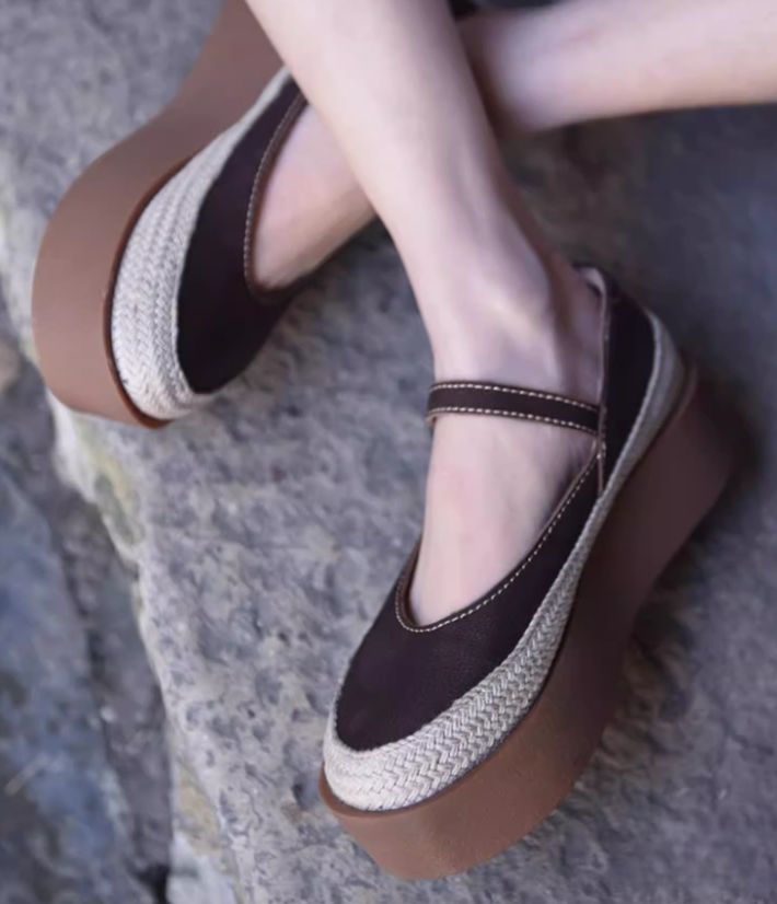 Retro Handmade Shoes Leather Low-Heeled Women's Waterproof Platform Slip-on Shoes with Buckle Thick Sole