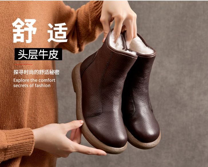 Leather and Fleece-Lined Cotton Boots for Women, Warm Wool Snow Boots with Thick Soles and Anti-slip Rubber Soles, Short Leather Boots