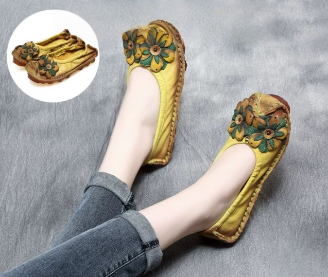 Handmade Vintage Leather Flower Shoes for Women