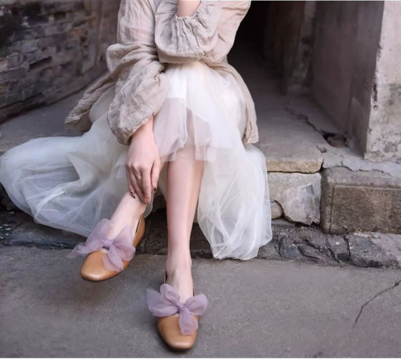 Lace-up Flat Shoes Low-cut Square Bow Tie Single Shoes for Women