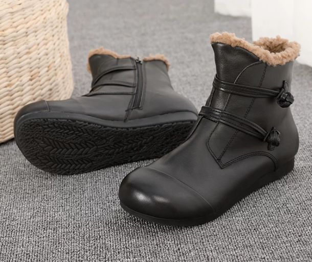 Winter New Style Genuine Leather Women's Boots, Top-grain Cowhide With Fleece Lining,Flat-bottomed Short Boots, Cotton Shoes