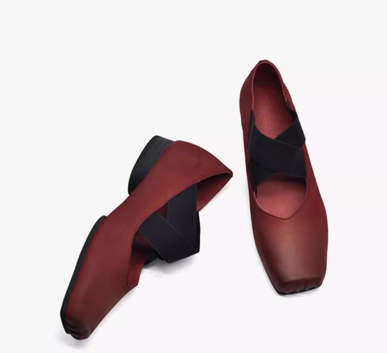 Retro Artistic Ballet Shoes - Leather Square-Toe Single Shoes with Slender Opening and Flat Bottom
