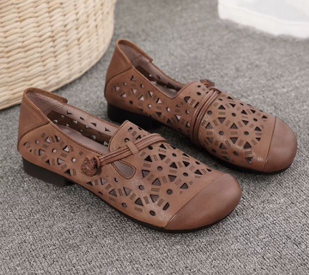 Spring and Summer New Style Genuine Leather Women's Shoes Handmade Retro Hollowed-Out Comfortable and Breathable Hole Shoes Soft Bottom