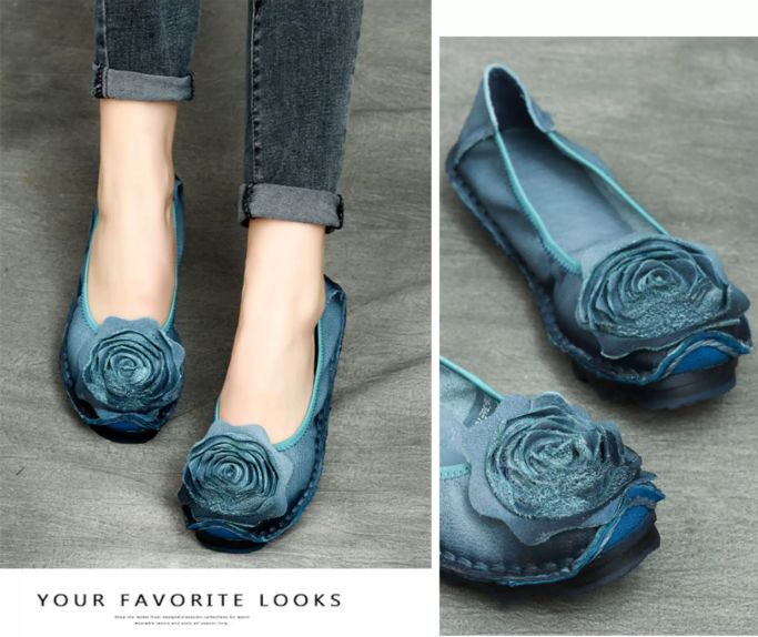 Handmade Vintage Leather Flower Shoes for Women