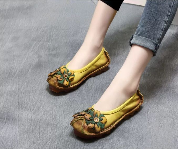 Handmade Vintage Leather Flower Shoes for Women