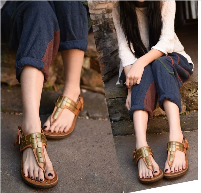 New Style Cowhide Sandals Rivet T-shaped Ankle and Toe Clasp Low-Heeled Retro Trendy Shoes