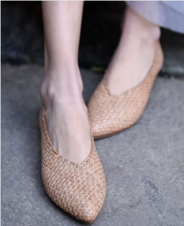 New Vintage Hand-Woven Shoes for Women Genuine Leather Flat Sole Pointed Toe