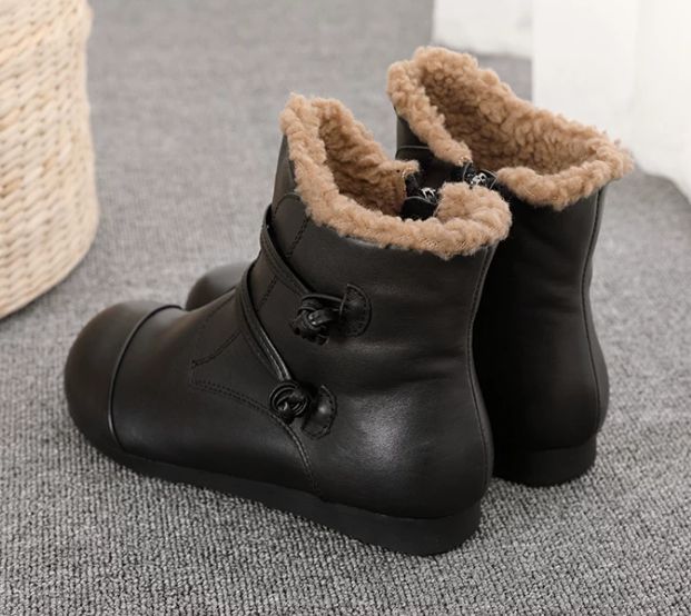 Winter New Style Genuine Leather Women's Boots, Top-grain Cowhide With Fleece Lining,Flat-bottomed Short Boots, Cotton Shoes
