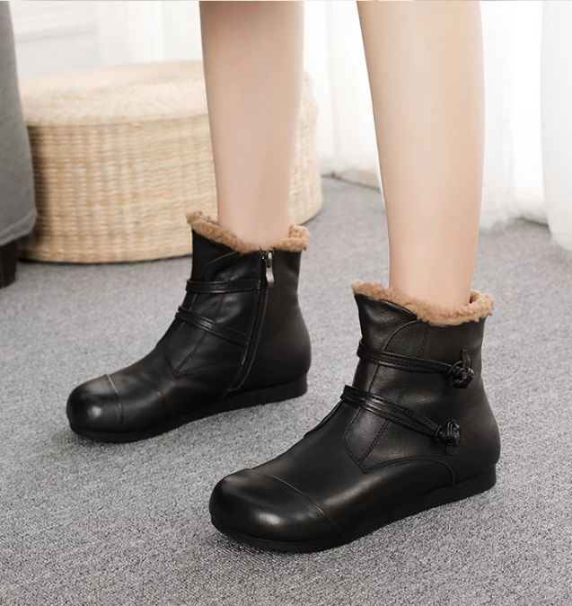 Winter New Style Genuine Leather Women's Boots, Top-grain Cowhide With Fleece Lining,Flat-bottomed Short Boots, Cotton Shoes