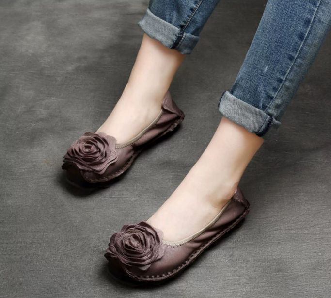 Handmade Vintage Leather Flower Shoes for Women