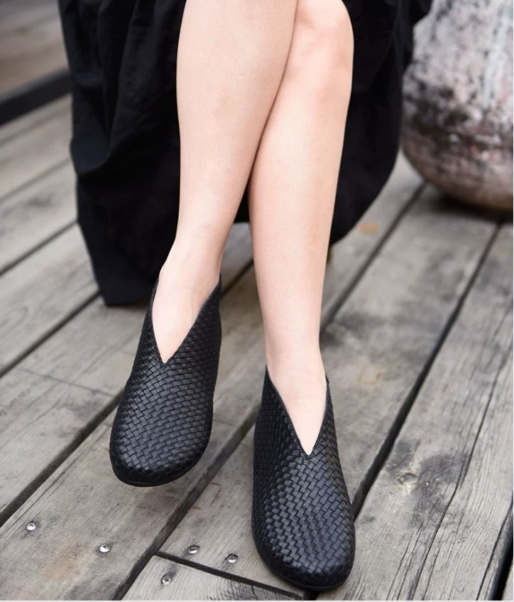Flat Short Boots, Nude Boots, Hand-Woven Leather Women's Shoes, Genuine Leather Women's Boots