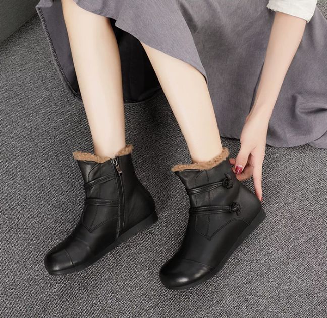 Winter New Style Genuine Leather Women's Boots, Top-grain Cowhide With Fleece Lining,Flat-bottomed Short Boots, Cotton Shoes