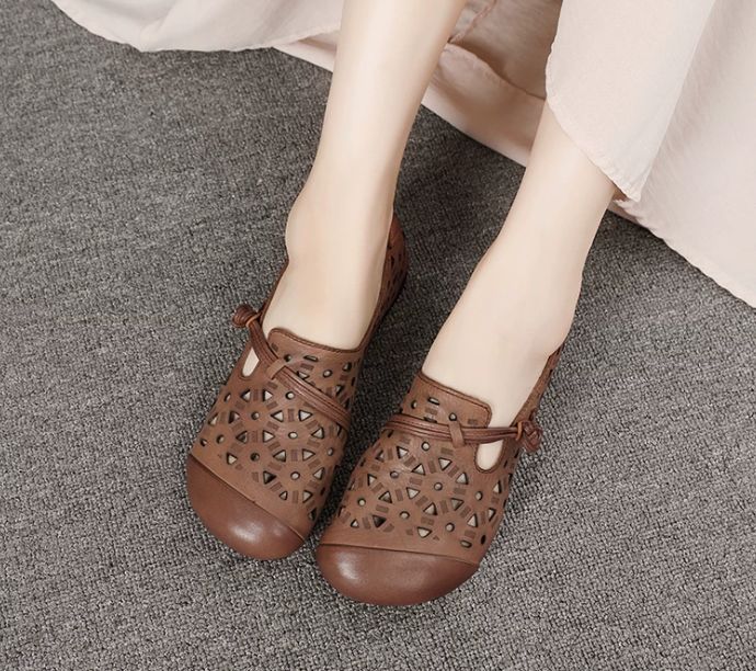 Spring and Summer New Style Genuine Leather Women's Shoes Handmade Retro Hollowed-Out Comfortable and Breathable Hole Shoes Soft Bottom