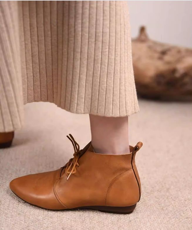 Women's Flat Shoes Lace-up Ankle Boots Retro Pointed-Toe Short Boots