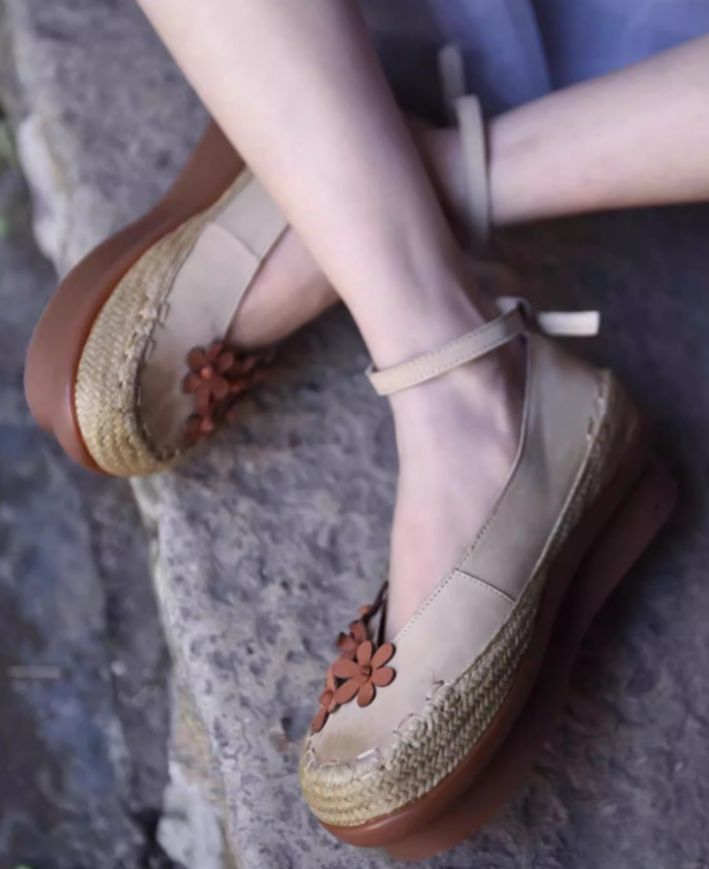 Vintage Women's Shoes Flower Leather Low-Heeled Women's Waterproof Platform Thick-soled Slip-on Shoes
