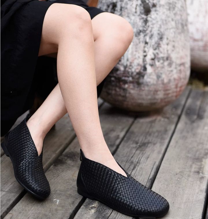 Flat Short Boots, Nude Boots, Hand-Woven Leather Women's Shoes, Genuine Leather Women's Boots