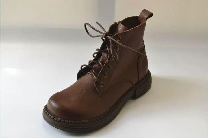 Handmade Leather Shoes for Women Retro Artistic Soft Martin Boots - Genuine Leather - Vintage Colorful Artistic Loose Big-Footed Fat-Toed Short Boots
