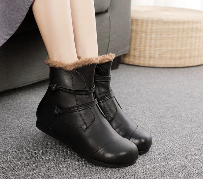 Winter New Style Genuine Leather Women's Boots, Top-grain Cowhide With Fleece Lining,Flat-bottomed Short Boots, Cotton Shoes