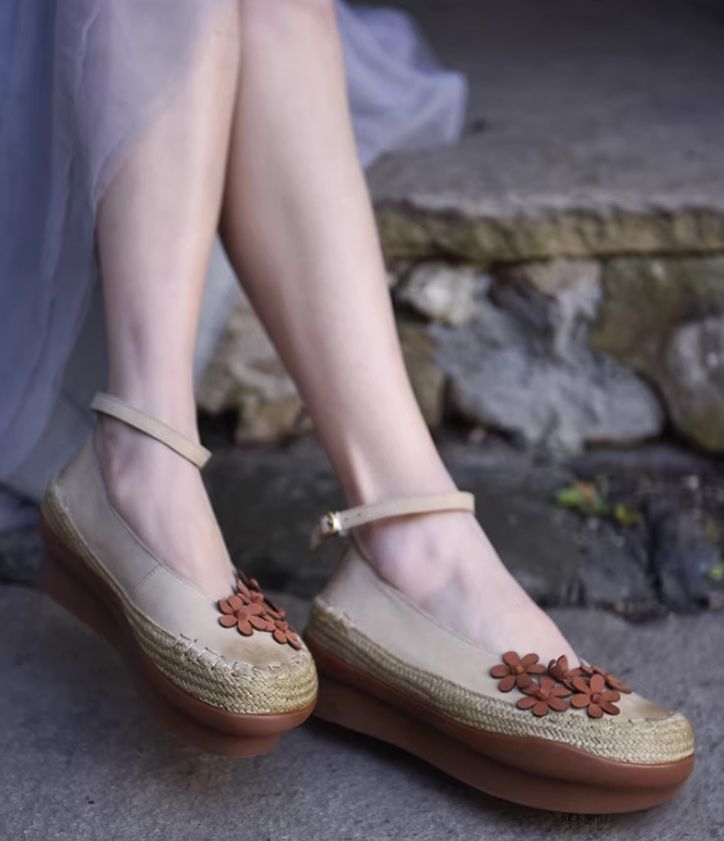 Vintage Women's Shoes Flower Leather Low-Heeled Women's Waterproof Platform Thick-soled Slip-on Shoes