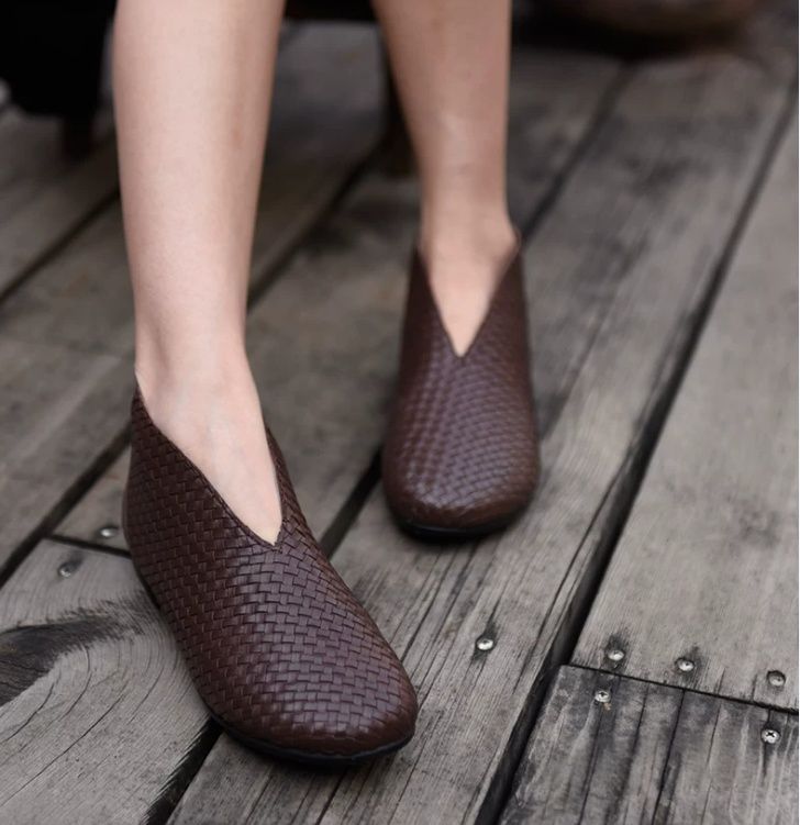 Flat Short Boots, Nude Boots, Hand-Woven Leather Women's Shoes, Genuine Leather Women's Boots