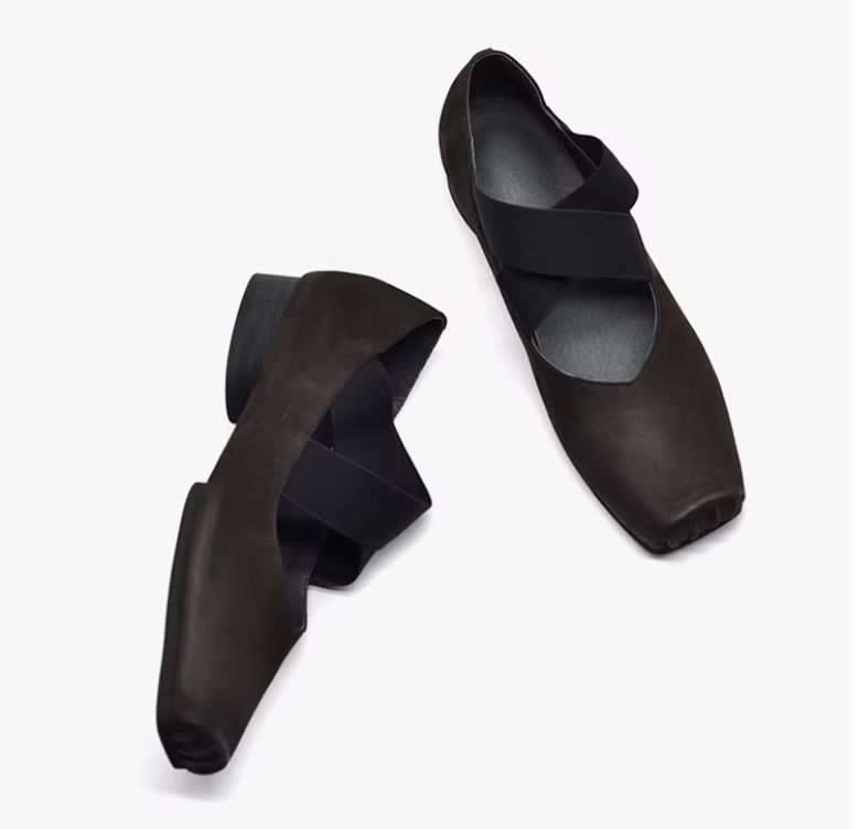 Retro Artistic Ballet Shoes - Leather Square-Toe Single Shoes with Slender Opening and Flat Bottom