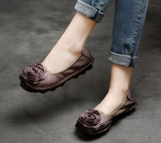 Handmade Vintage Leather Flower Shoes for Women