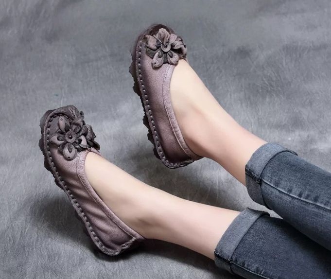 Handmade Vintage Leather Flower Shoes for Women