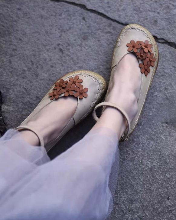 Vintage Women's Shoes Flower Leather Low-Heeled Women's Waterproof Platform Thick-soled Slip-on Shoes