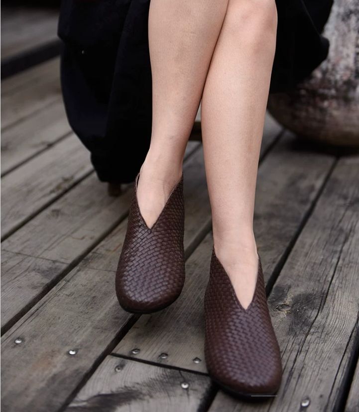 Flat Short Boots, Nude Boots, Hand-Woven Leather Women's Shoes, Genuine Leather Women's Boots
