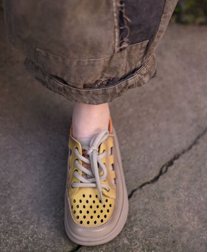 Rounded-Toe Platform Leather Slip-on Sandals For Women