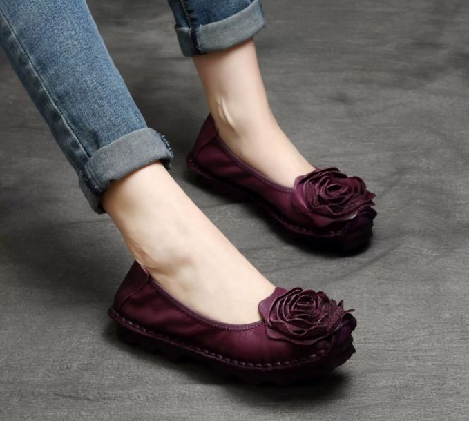 Handmade Vintage Leather Flower Shoes for Women