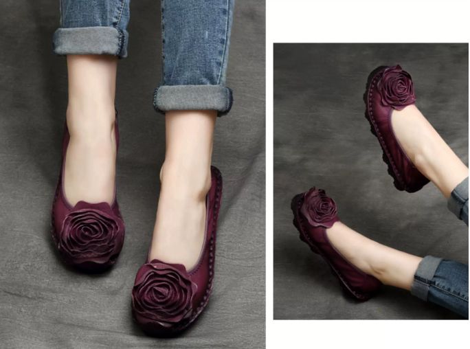 Handmade Vintage Leather Flower Shoes for Women