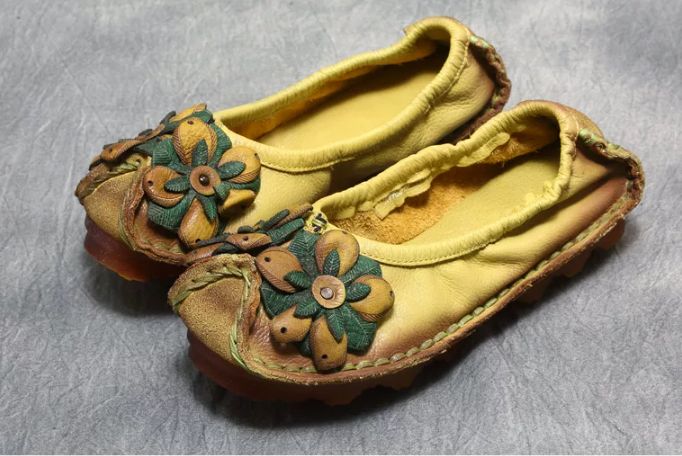 Handmade Vintage Leather Flower Shoes for Women