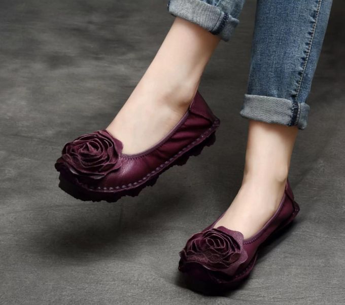 Handmade Vintage Leather Flower Shoes for Women