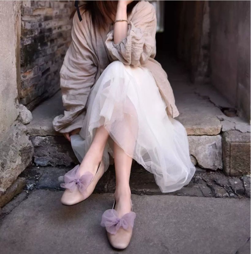 Lace-up Flat Shoes Low-cut Square Bow Tie Single Shoes for Women