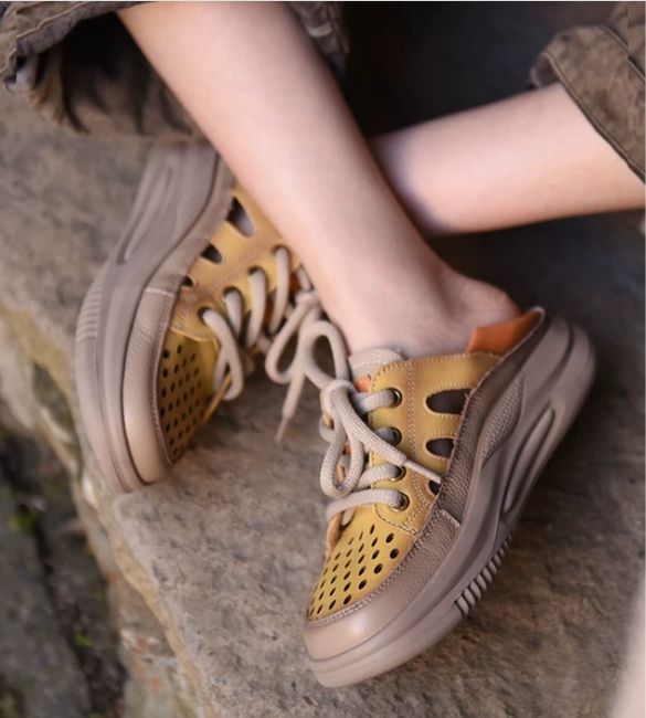 Rounded-Toe Platform Leather Slip-on Sandals For Women