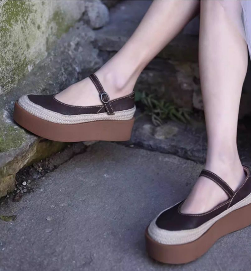 Retro Handmade Shoes Leather Low-Heeled Women's Waterproof Platform Slip-on Shoes with Buckle Thick Sole