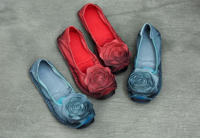 Handmade Vintage Leather Flower Shoes for Women