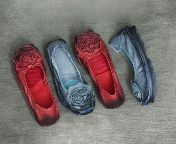 Handmade Vintage Leather Flower Shoes for Women