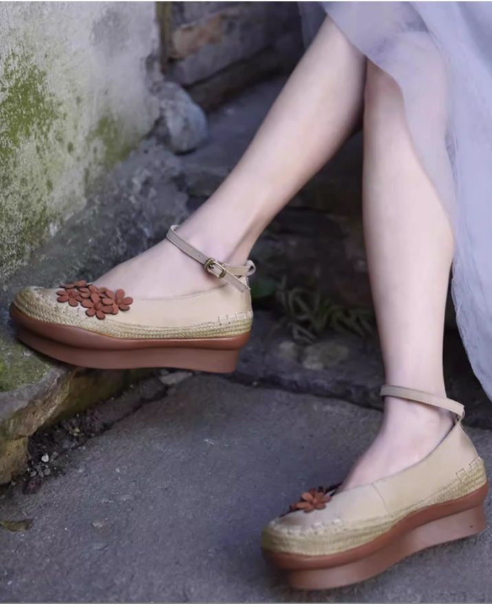 Vintage Women's Shoes Flower Leather Low-Heeled Women's Waterproof Platform Thick-soled Slip-on Shoes