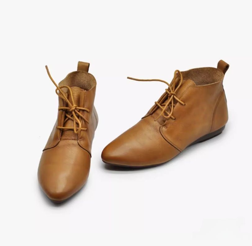 Women's Flat Shoes Lace-up Ankle Boots Retro Pointed-Toe Short Boots