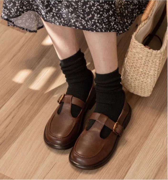 Mary Jane shoes Retro College-Style Leather Shoes - Soft Brown Ankle Boots