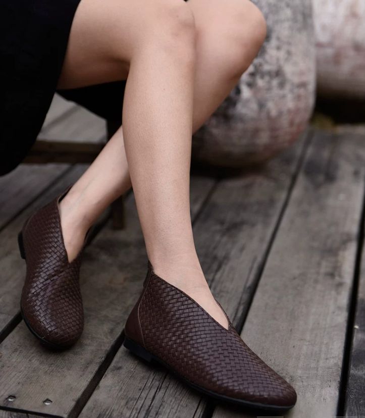Flat Short Boots, Nude Boots, Hand-Woven Leather Women's Shoes, Genuine Leather Women's Boots