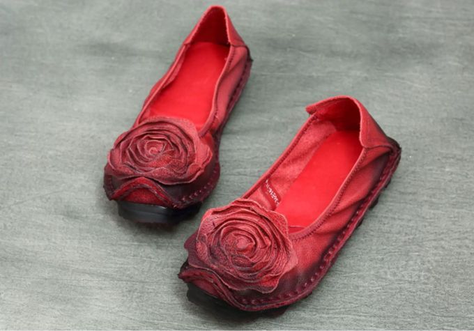 Handmade Vintage Leather Flower Shoes for Women