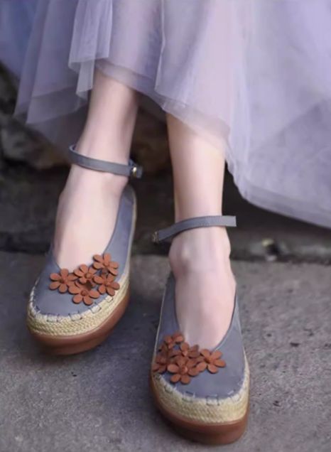 Vintage Women's Shoes Flower Leather Low-Heeled Women's Waterproof Platform Thick-soled Slip-on Shoes