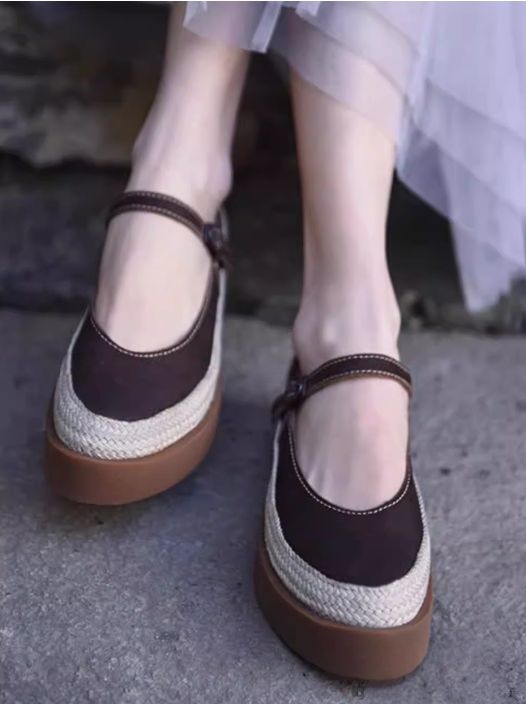 Retro Handmade Shoes Leather Low-Heeled Women's Waterproof Platform Slip-on Shoes with Buckle Thick Sole