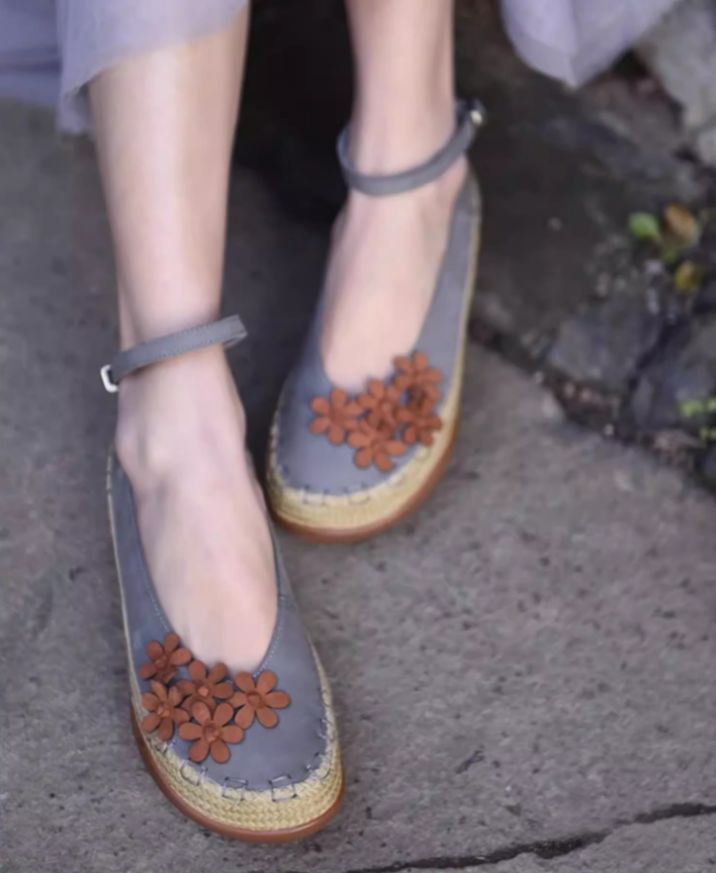 Vintage Women's Shoes Flower Leather Low-Heeled Women's Waterproof Platform Thick-soled Slip-on Shoes