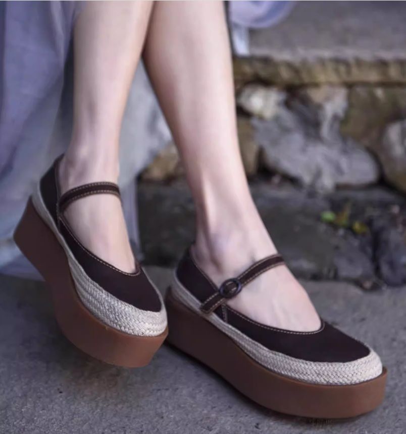 Retro Handmade Shoes Leather Low-Heeled Women's Waterproof Platform Slip-on Shoes with Buckle Thick Sole