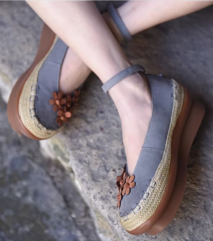 Vintage Women's Shoes Flower Leather Low-Heeled Women's Waterproof Platform Thick-soled Slip-on Shoes